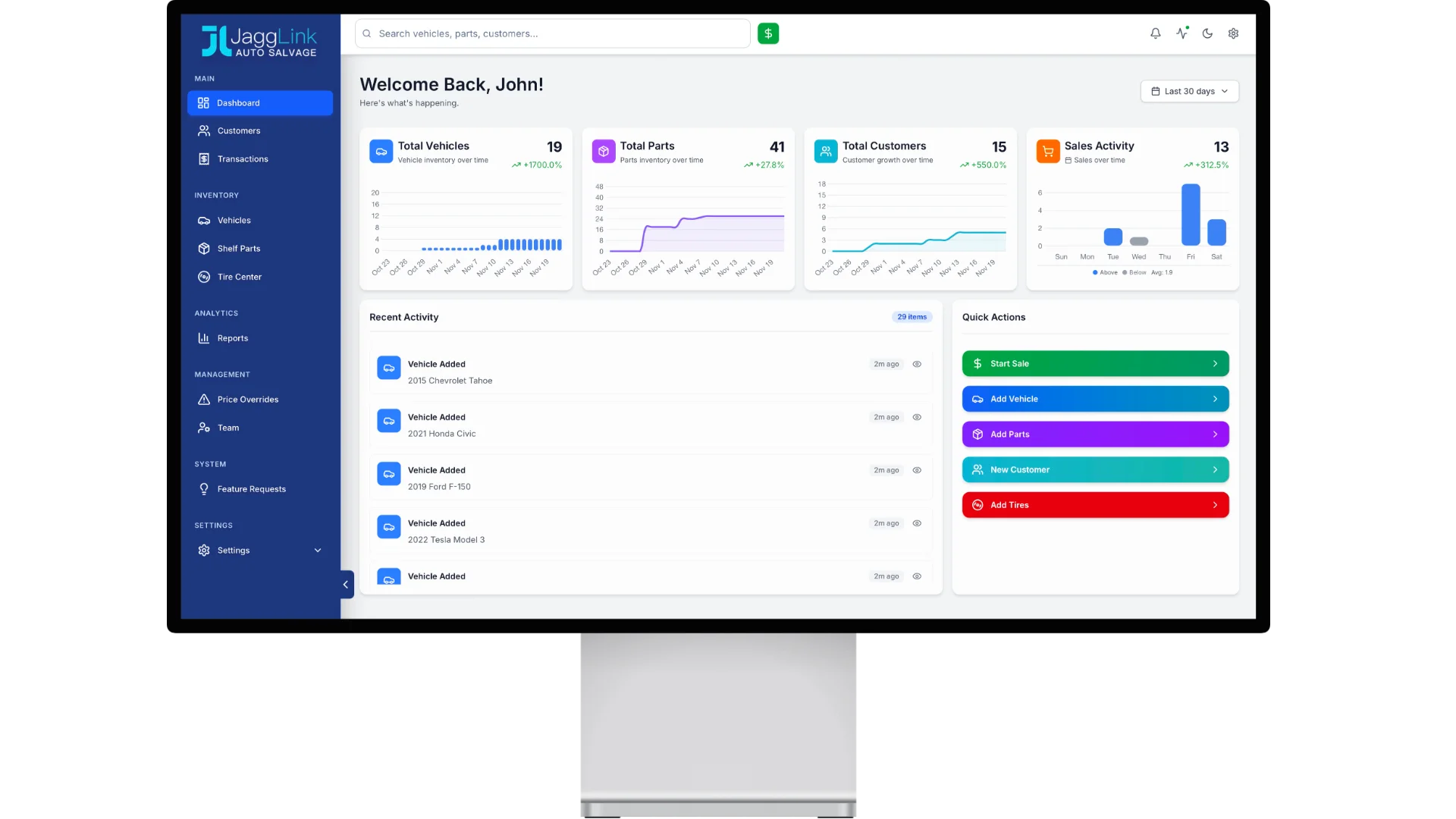 JaggLink salvage yard management dashboard showing vehicle inventory, VIN decoder, and parts tracking