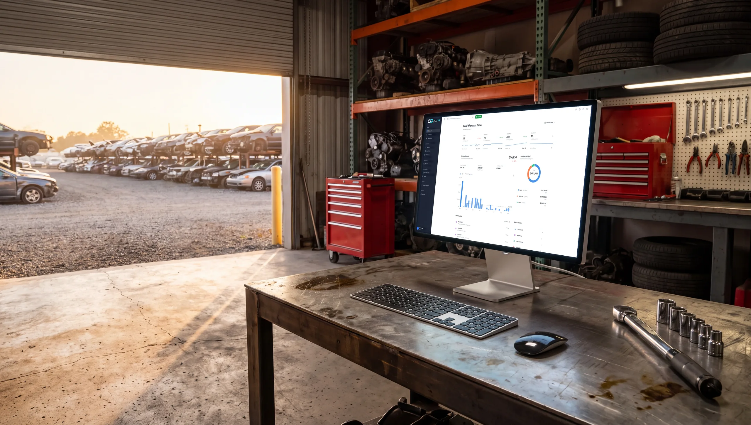 A widescreen display on a steel workbench in a salvage yard workshop, showing the real JaggLink dashboard, with the yard visible through an open roll-up door behind it